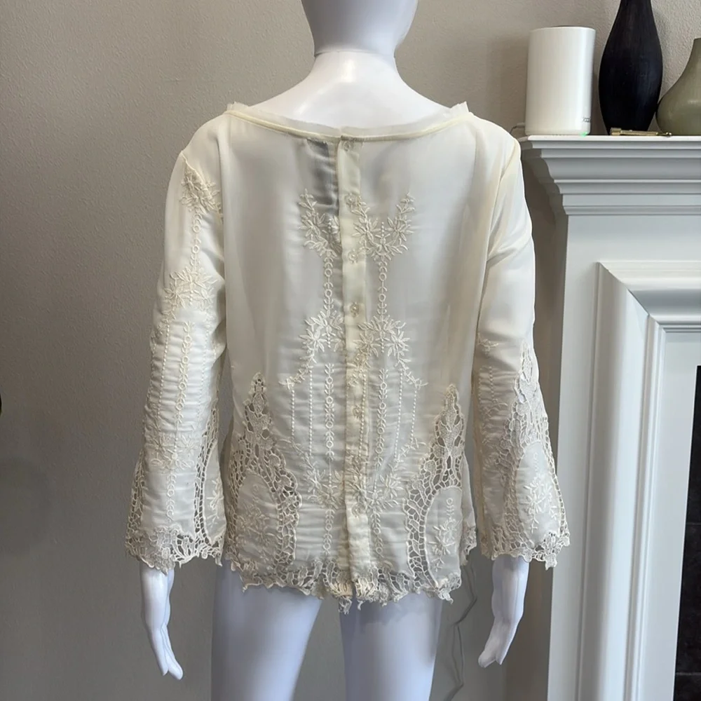 Anthropologie Arrata Silent Journey Sheer Beaded Embroidered Crochet Lace Top M